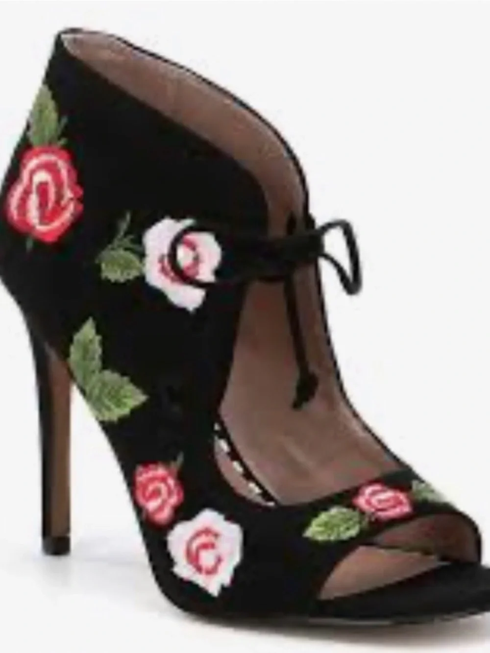 Black Rose Embroidered Peep-Toe Heel with Ankle Tie